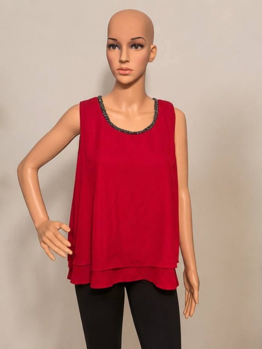 Dressy Red Tank with Black Beading - XL